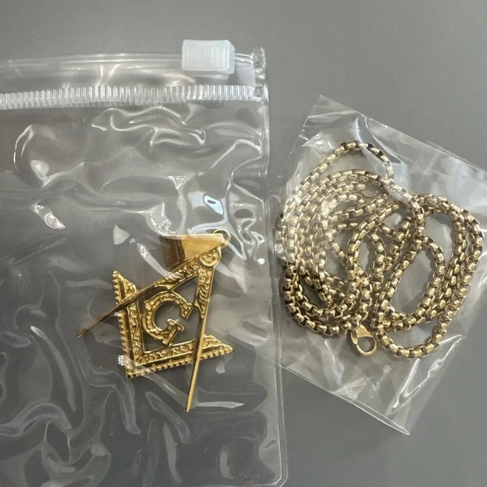 Men's Free Mason Stainless Steel Freemason Symbol Masonic Pendant Chain Gold